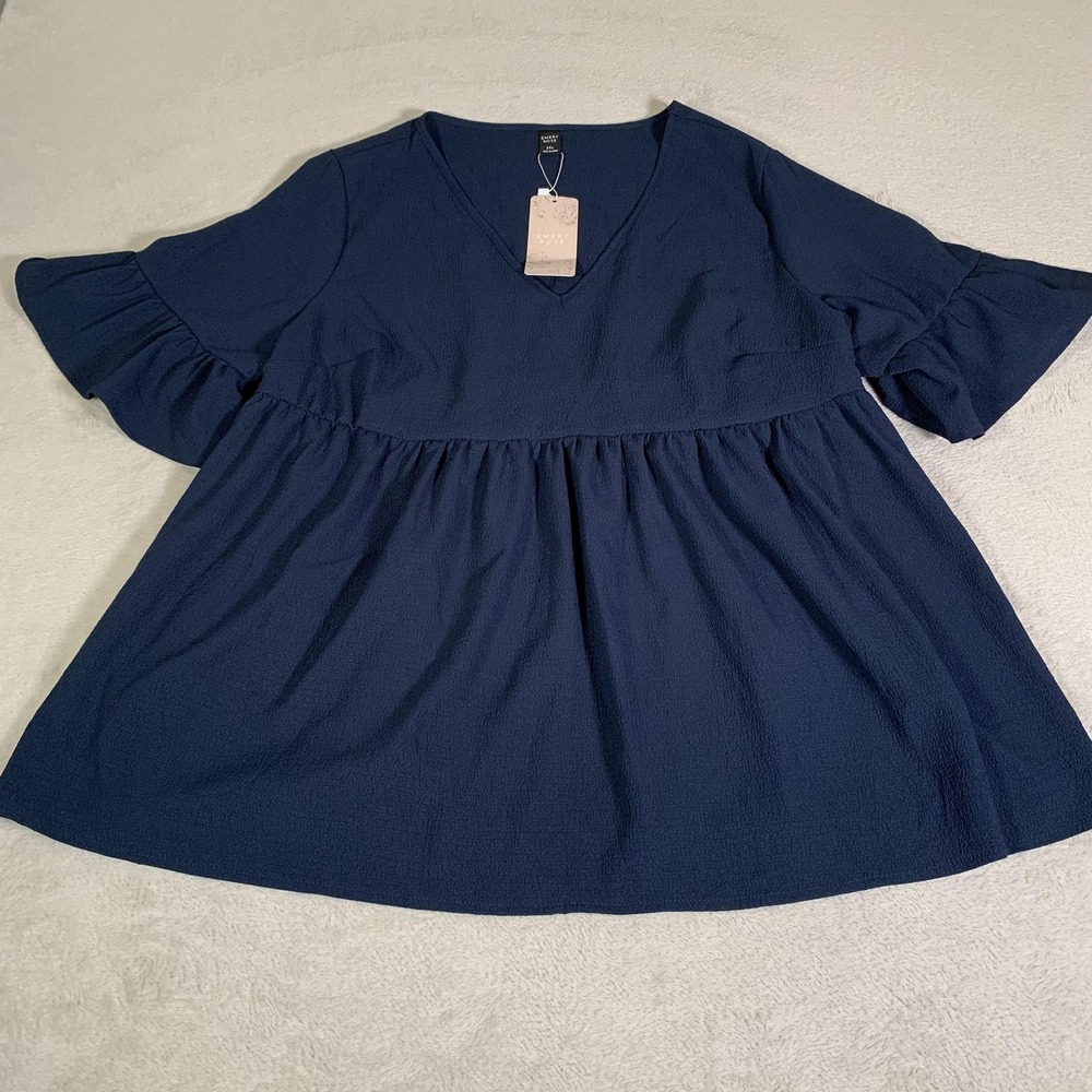 Emery Rose Blouse Womens 2XL Navy Blue V Neck Flutter Sleeve Tunic XXL NEW